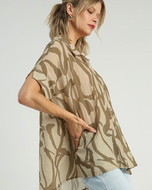 Two Tone Abstract Button Down Short Sleeve Top