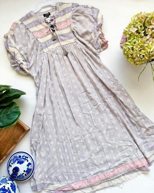 Gray & Pink Aztec Print Short Bubble Sleeve Tie Neck Midi Dress
