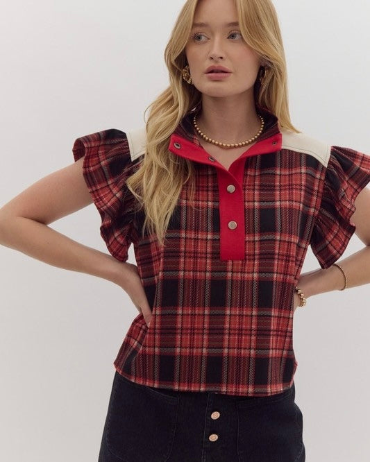 Red & Black Plaid Ruffle Flutter Sleeve Boxy Top