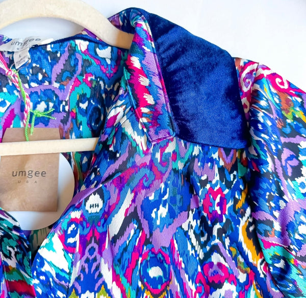 Multicolor Blue, Purple & Green Aztec Swirl Graphic Print with Velvet Detail Long Sleeve Blouse