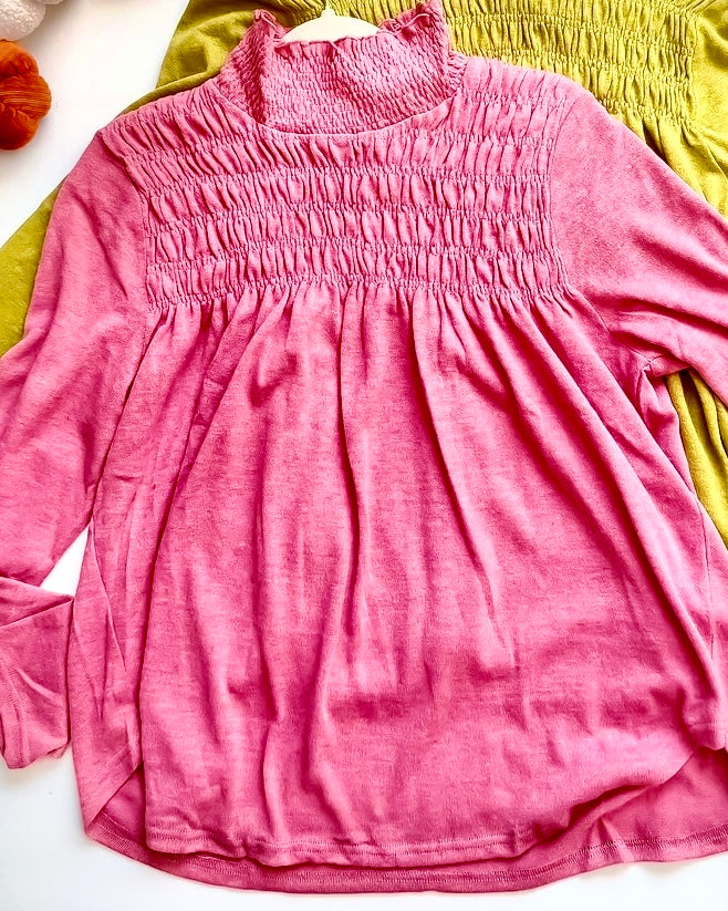 Rose Pink Smocked Yoke High Neck Long Sleeve Sweater Top