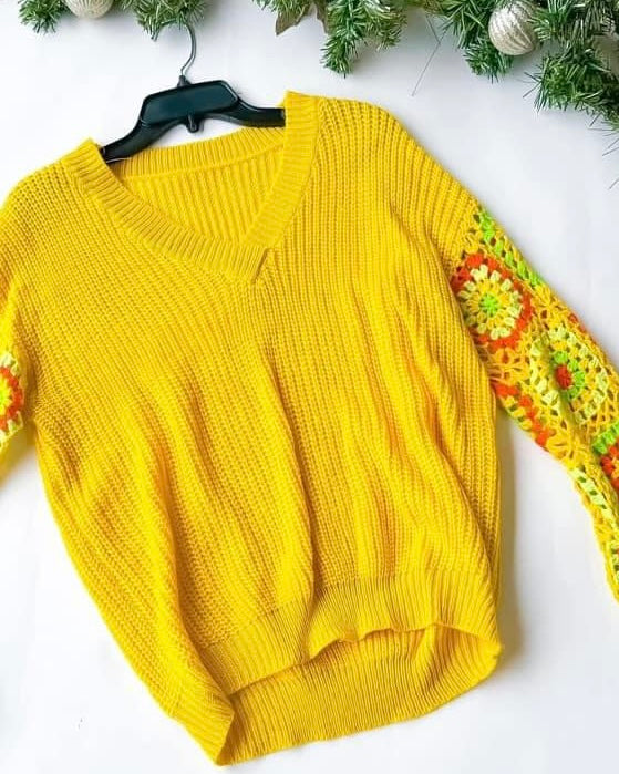 Yellow Knit Sweater Top with Crochet Long Sleeves