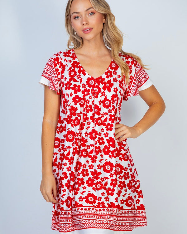 White w/Red Flower Short Sleeve Scoop Neckline Dress