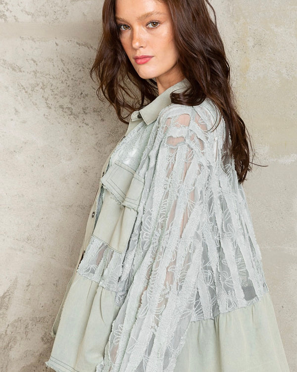 Boho Sage Green Light Denim & Lace Babydoll Cut Button Down Long Sleeve Jacket Top