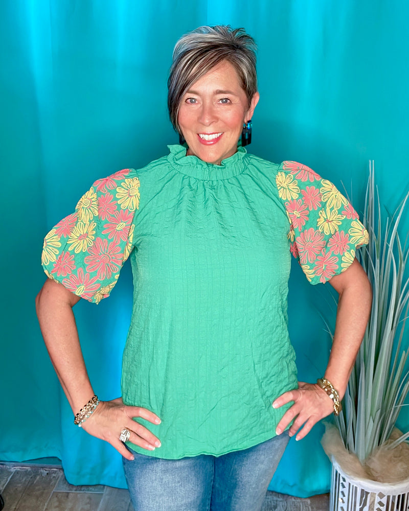 Kelly Green Textured Ruffle Neck Flower Bubble Puff Sleeve Top