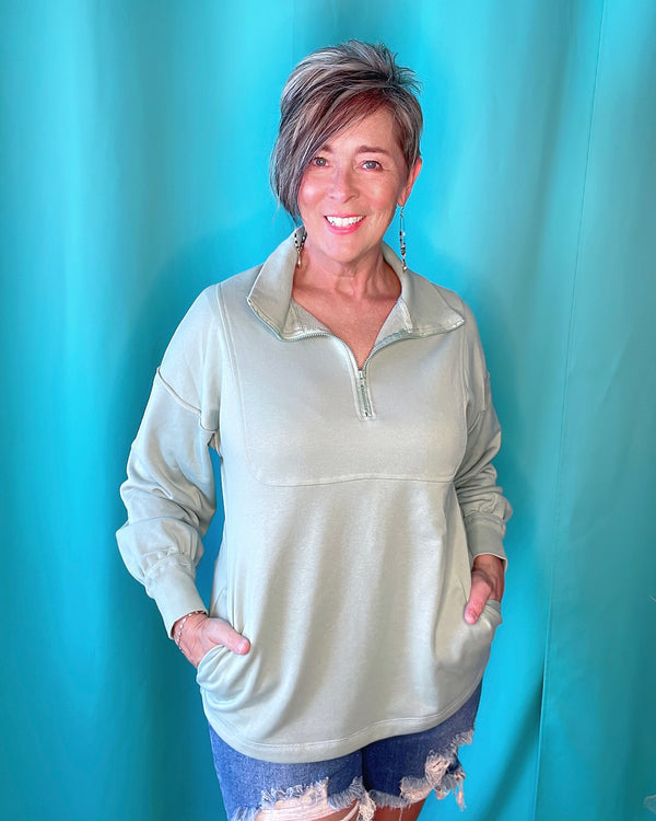 Sage Green Zip Front Long Sleeve Pocket Pullover Sweatshirt