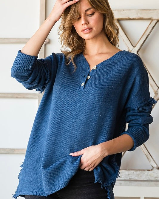 DOOR BUSTER Deep Solid Blue or Khaki Tan Fringe Shoulder Button Neck Long Sleeve Sweater Knit Top