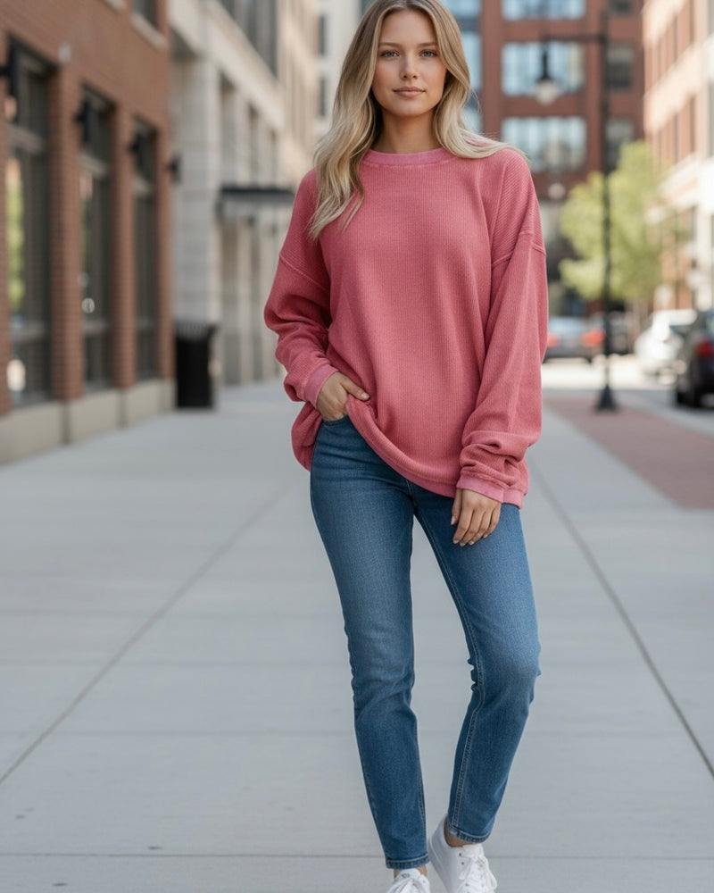 Solid Orange or Tan Ribbed Corduroy Oversized Long Sleeve Pullover Sweatshirt Top