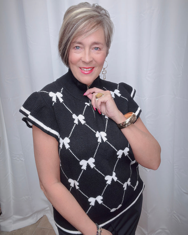 Black w/White Bow Zip Neck Ruffle Cap Sleeve Knit Sweater Vest Top