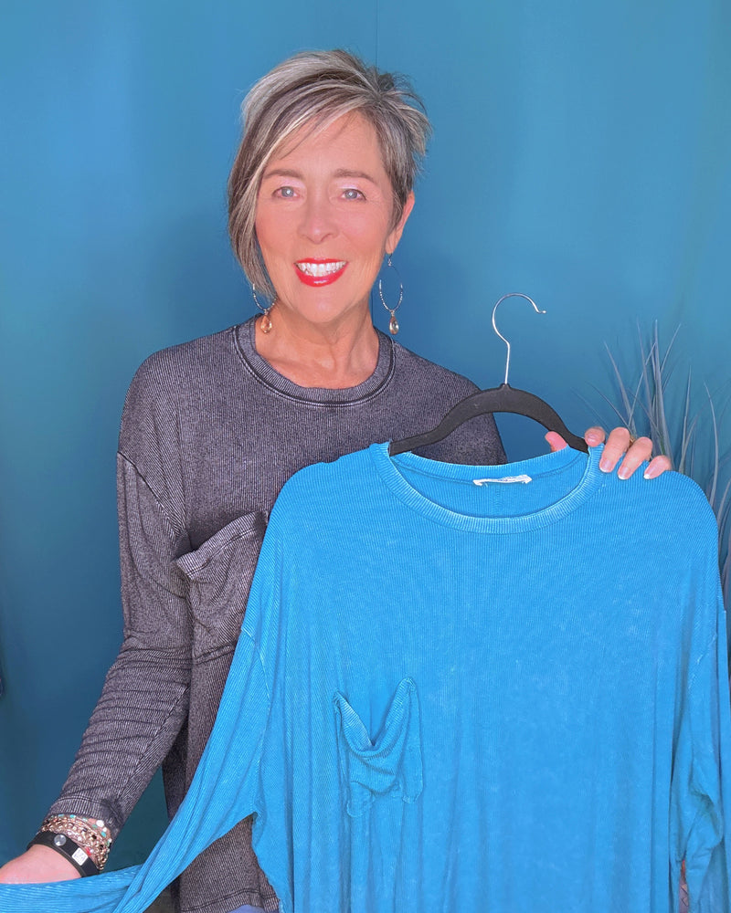 Teal Green or Black Ribbed Textured Round Neck Long Dolman Sleeve Top