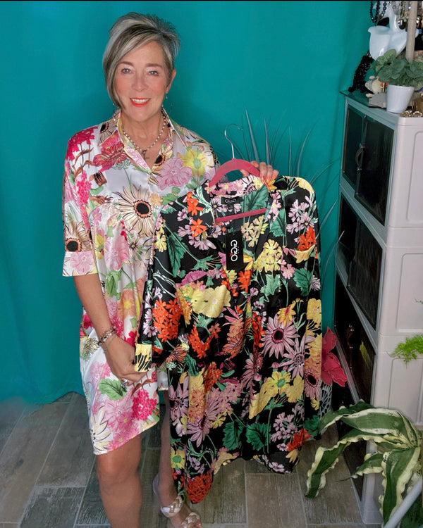 White & Pink Floral Satin Button Down Short Sleeve Collar Dress