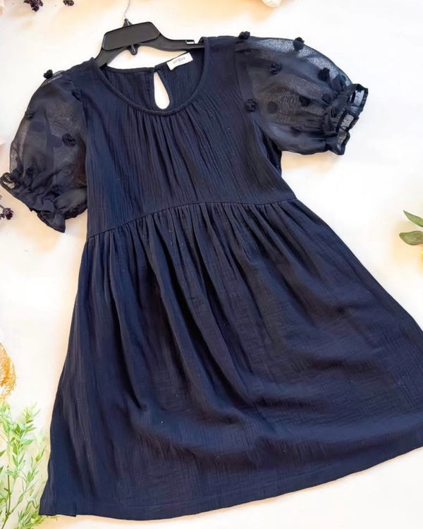 Solid Black Knee Short Puff Sheer Dot Sleeve Dress