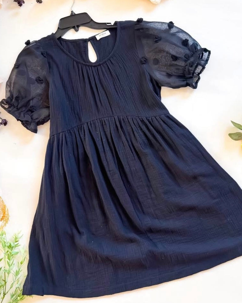 Solid Black Knee Short Puff Sheer Dot Sleeve Dress