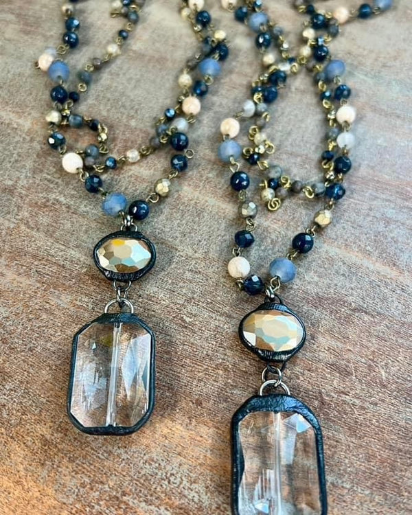 Double Layer Blue Neutral Color Tone Beaded Necklace with Crystal Pendant