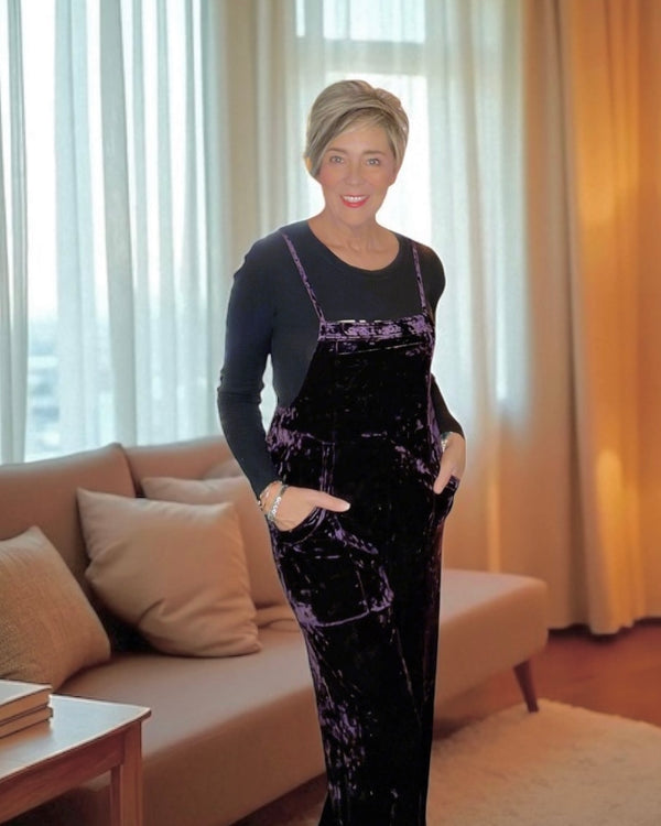 Deep Purple Velvet Pant Jumpsuit with Adjustable Tie Straps & Pockets