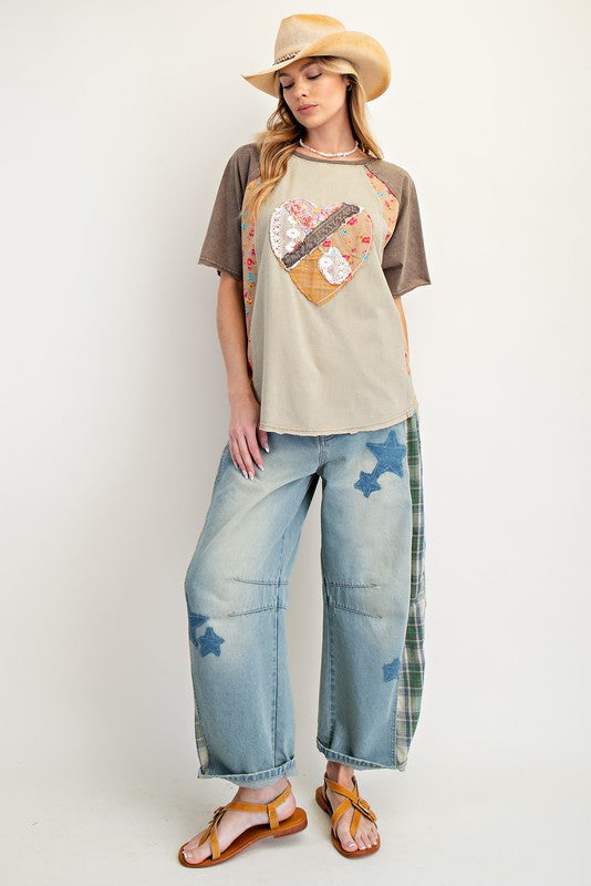 Brown & Khaki Heart Patch Mix & Match Mineral Wash Short Sleeve Top