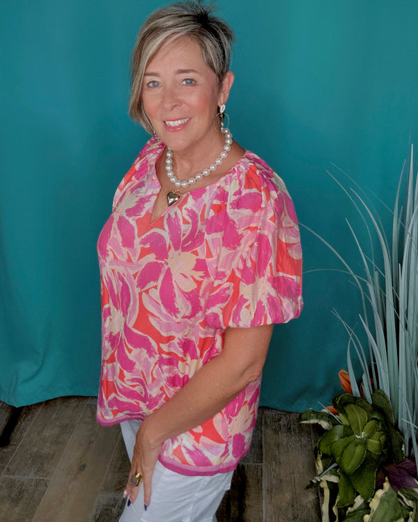 Vibrant Pink Floral Puff Sleeve Stripe Band Hemline Open V Neck Top