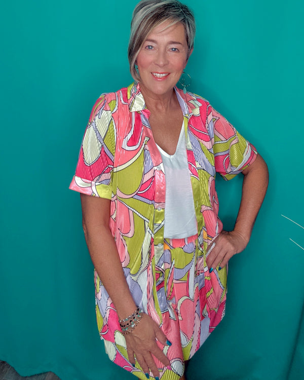 Multicolor Abstract Pleated 2 pc Short & Short Sleeve Top Set