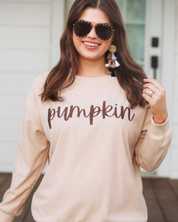 Cream Brown Stitch Embroidery “Pumpkin” Long Sleeve Pullover Top