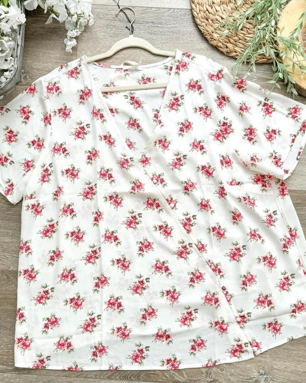 Plus Size White with Petite Red Floral Print Cross Button Top