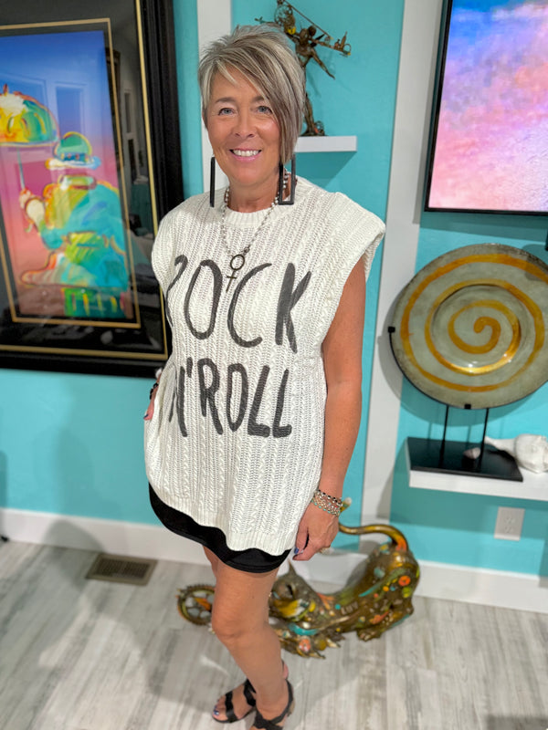 Blue or White "Rock N Roll" Acrylic Knit Sleeveless Tunic Top
