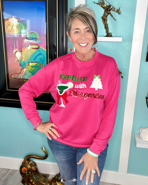 Hot Pink Long Sleeve Chenille Patch Sequin Christmas "Merrier with Margaritas" Pullover Top