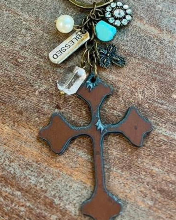 Brass Tone Link Chain & Pearl Beaded Necklace Cross Pendant and Charms