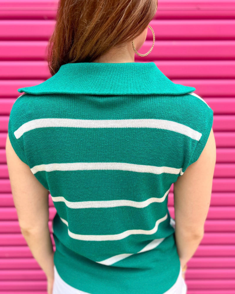 Turquoise Green w/ White Stripe Serving Looks Quarter Zip Sleeves Sweater Vest Top