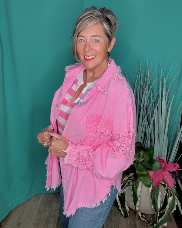 Solid Pink Mineral Wash Lace Inset Long Sleeve Button Up Cotton Top Jacket