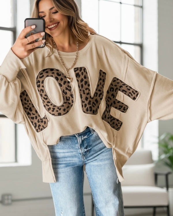 Cream Textured Leopard "Love" Long Dolman Sleeve Sweatshirt Top
