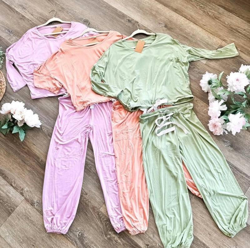 2 Piece Pink, Lilac or Green Pant Lounge PJ pajama Set with Long Sleeve Crew Neck Top