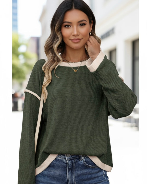 Dark Green Contrast Trim Long Sleeve Drop Shoulder Top