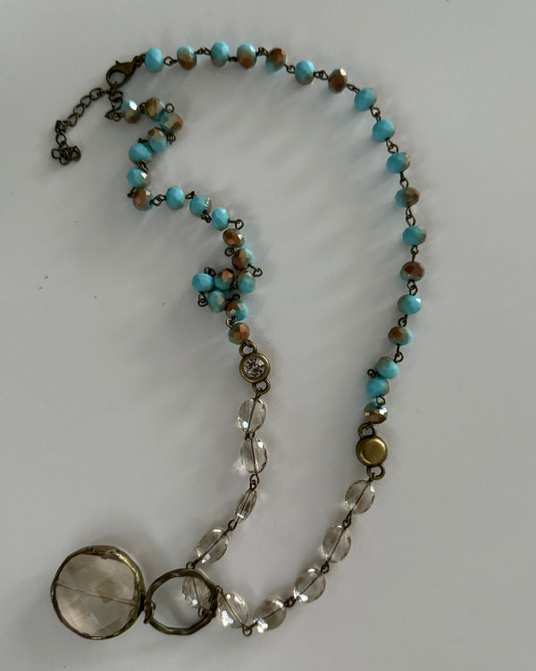 Boho Long Strand Turquoise & Crystal Bead Necklace with Round Crystal Pendant
