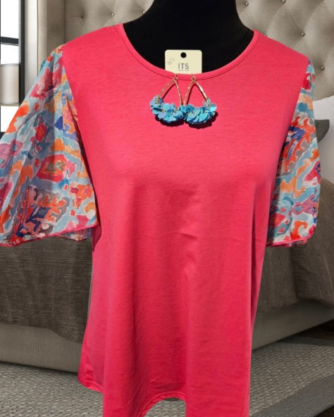 Solid Pink w/Floral Light Flutter Flare Short Sleeves Top