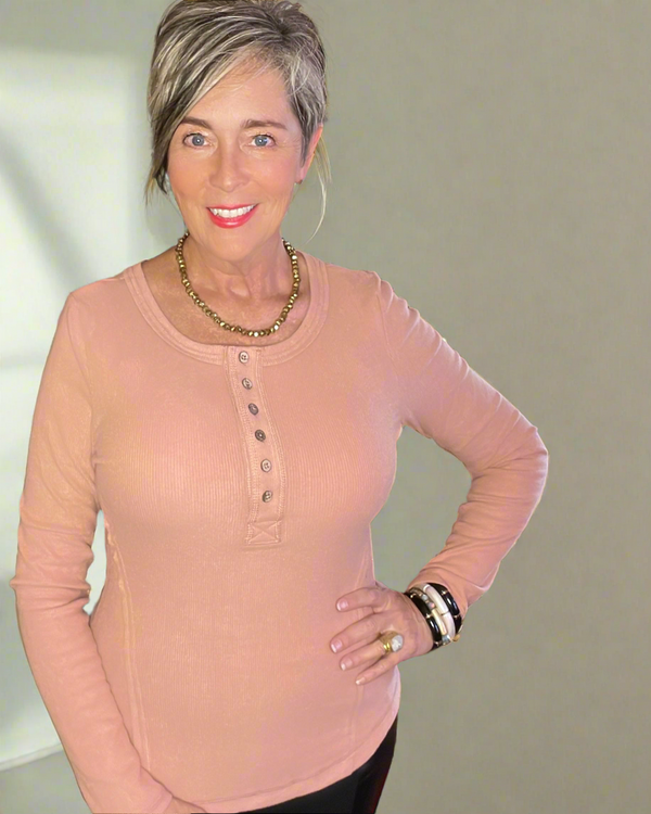 Sage Green & Salmon Thermal Henley Button Front Outside Stitch Top