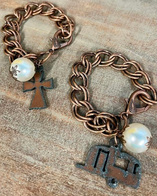 Copper Large Link Chain Bracelet w/Pearl & Copper Charms