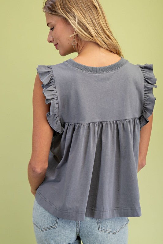 Gray or Green Jersey Sleeveless Ruffle Top