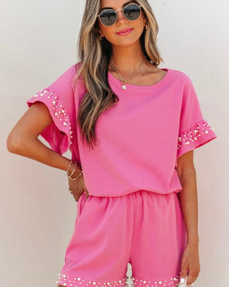 Solid Pink Pearl Embellished 2 Pc Short & Top Set