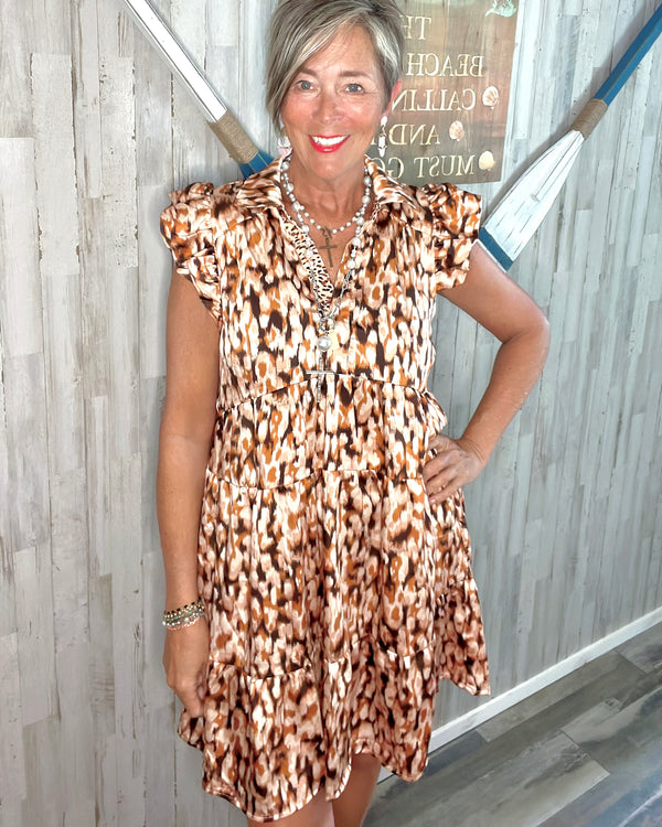 Rust & Brown Leopard Ruffle Cap Sleeve Tier Dress