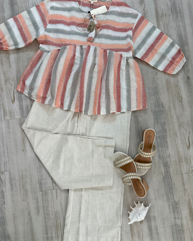 Vertical Peach & Cream Striped Cotton 3/4 Puff Sleeve Babydoll Drawstring Neck Style Top