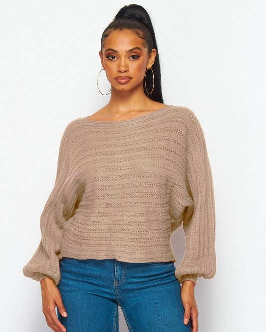 Tan Light Brown Beige Dolman Sleeve Stripe Pattern Knit Sweater Top