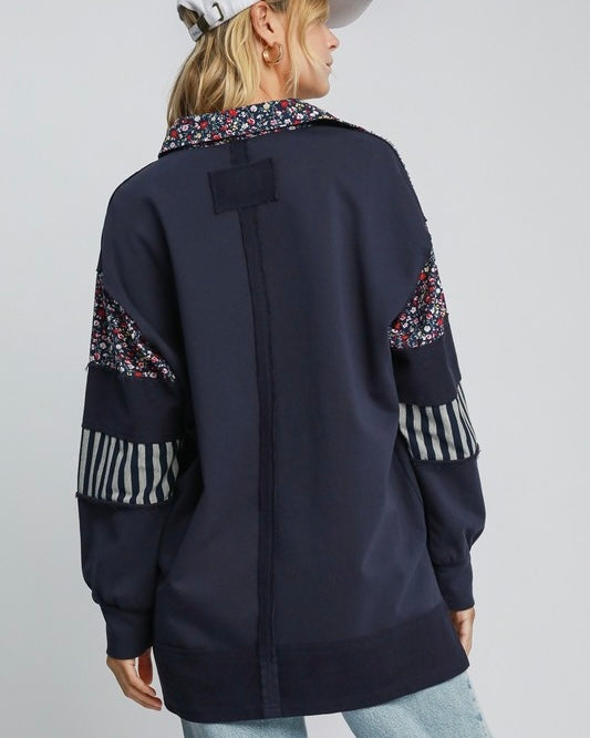 Navy Blue Mix Media Cut Raw Edge Hi Lo Hemline Long Sleeve Open Neck Pullover French Terry Collared Top