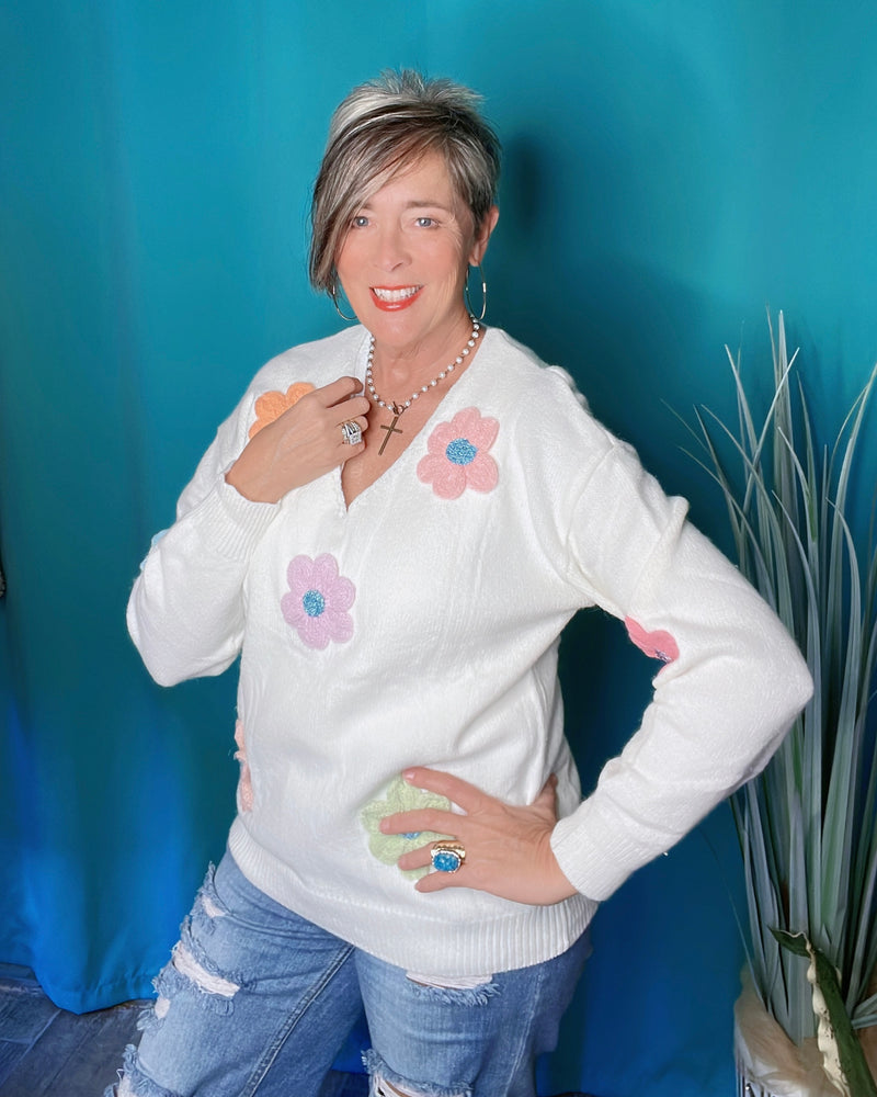 White VNeck Sweater with Multi Pastel Crochet Embroidery Flowers