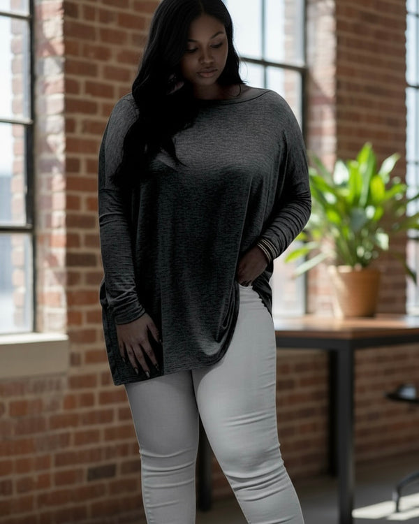 Solid Black Basic Long Sleeve Tunic Top