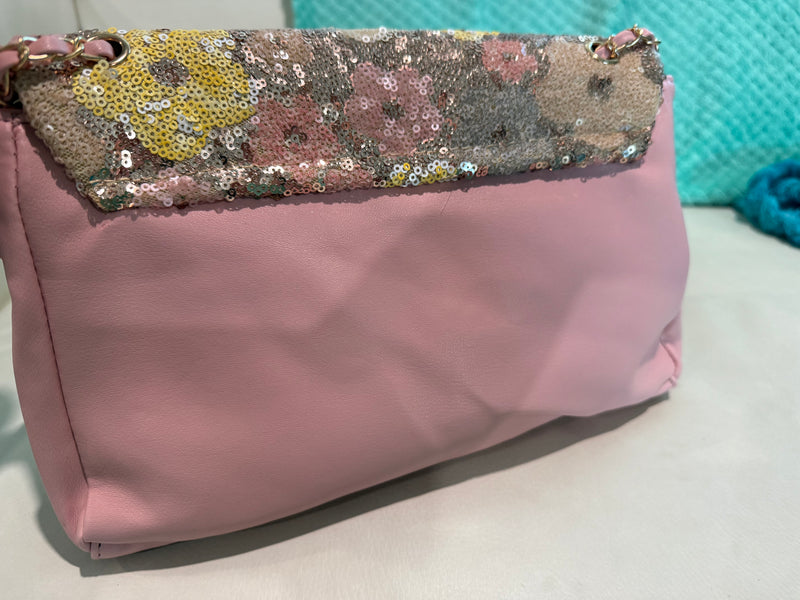 Beautiful Brown, Pink, Yellow & Blue Sequin Flower Clutch Bag Purse