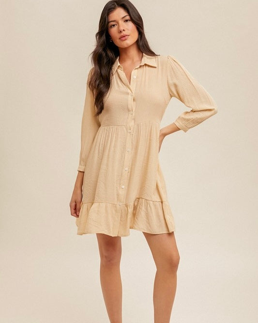 Khaki White Stripe Tie Waist Button Down 3/4 Sleeve Collared Dress