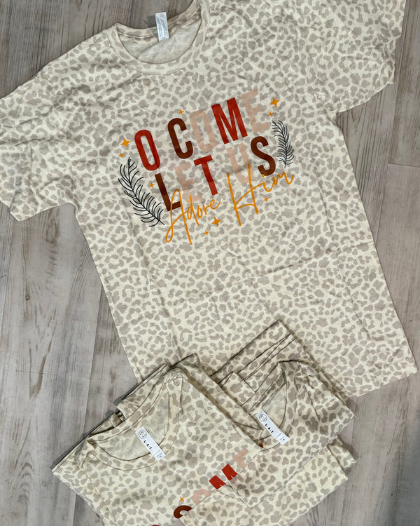 Khaki & Cream Leopard "O Come Let Us Adore Him" Christmas Holiday Tshirt Top