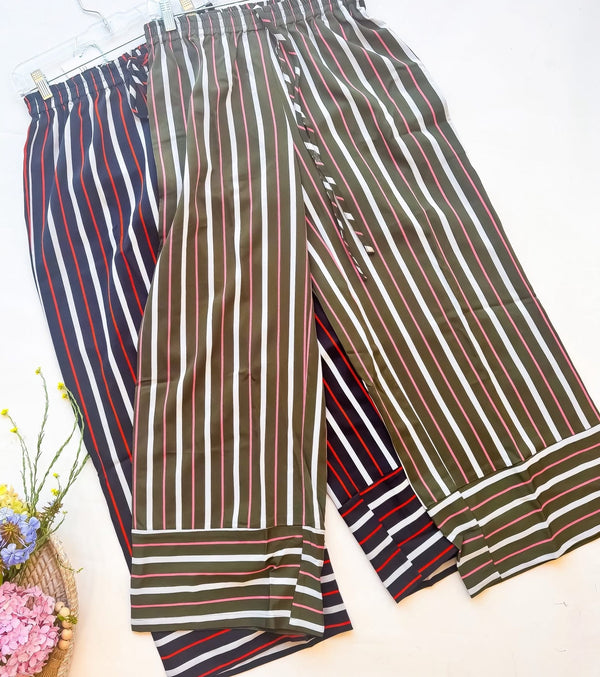 Navy Blue or Olive Brown Striped Elastic Waist Wide Leg Pant