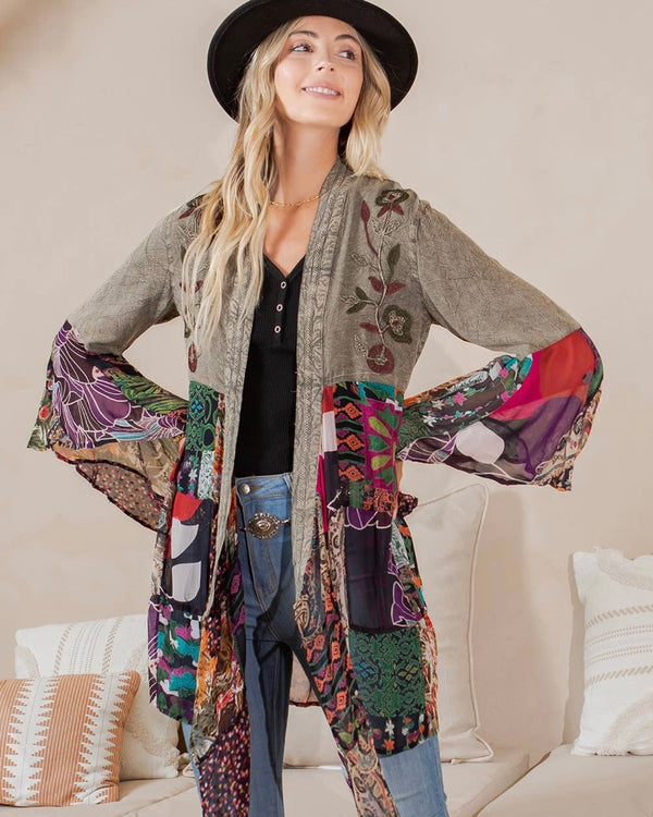 Bohemian Mix Long Flare Bell Sleeves Embroidery Artisan Kimono