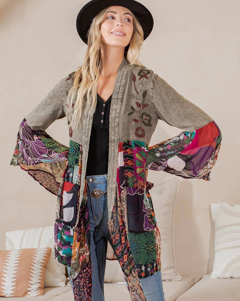Bohemian Mix Long Flare Bell Sleeves Embroidery Artisan Kimono